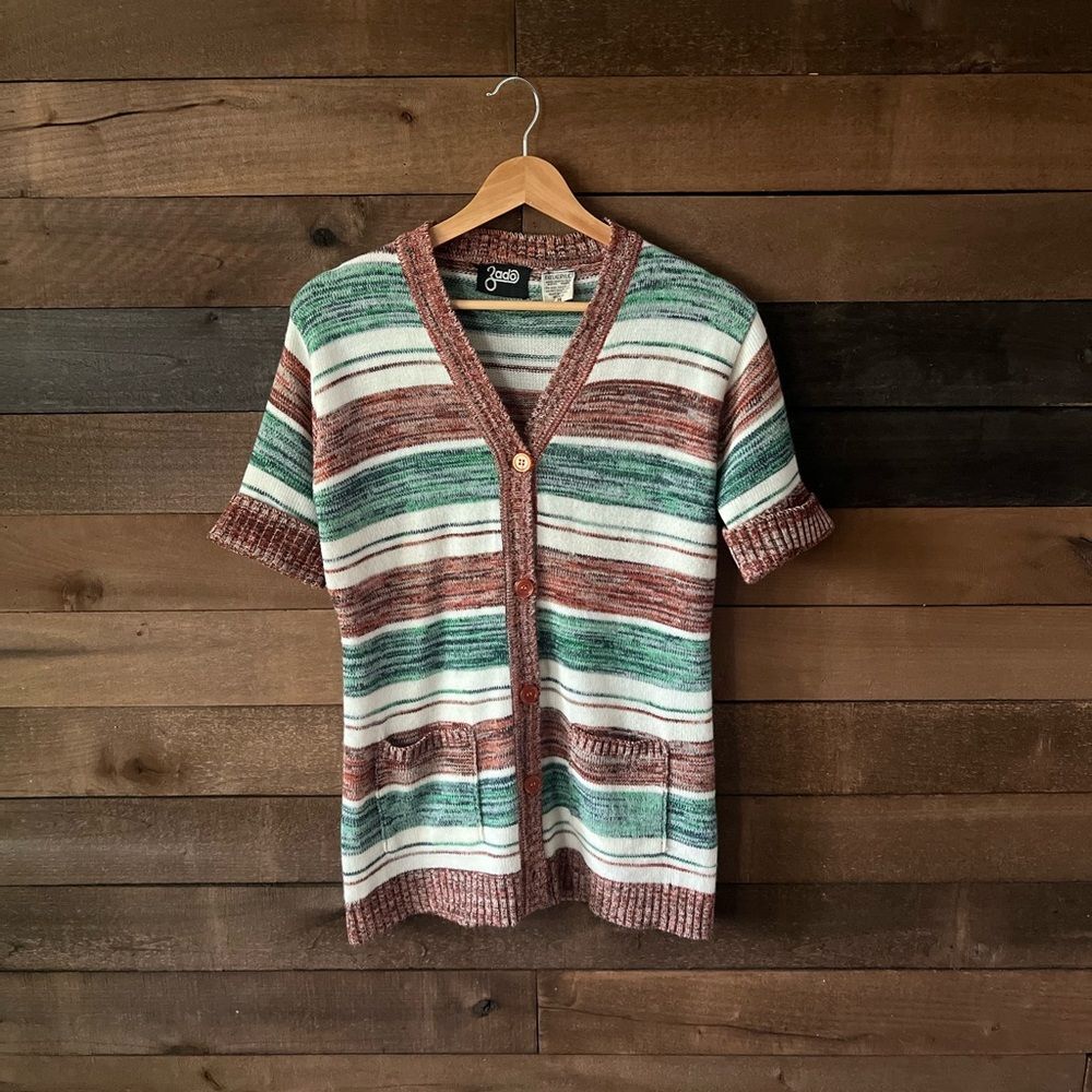 Vintage 70s Striped Knit Cardigan Short Sleeve Button Front Retro Sweater Top M